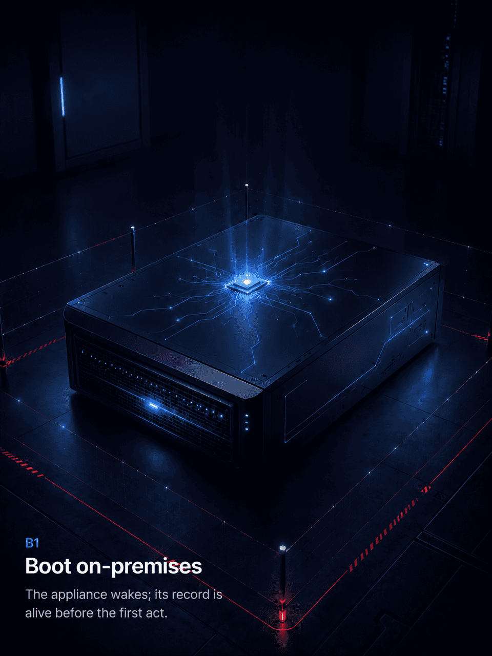 Plate I — a wireframe constellation engraving: the appliance standing inside the outline of a building, its lattice lit at boot.