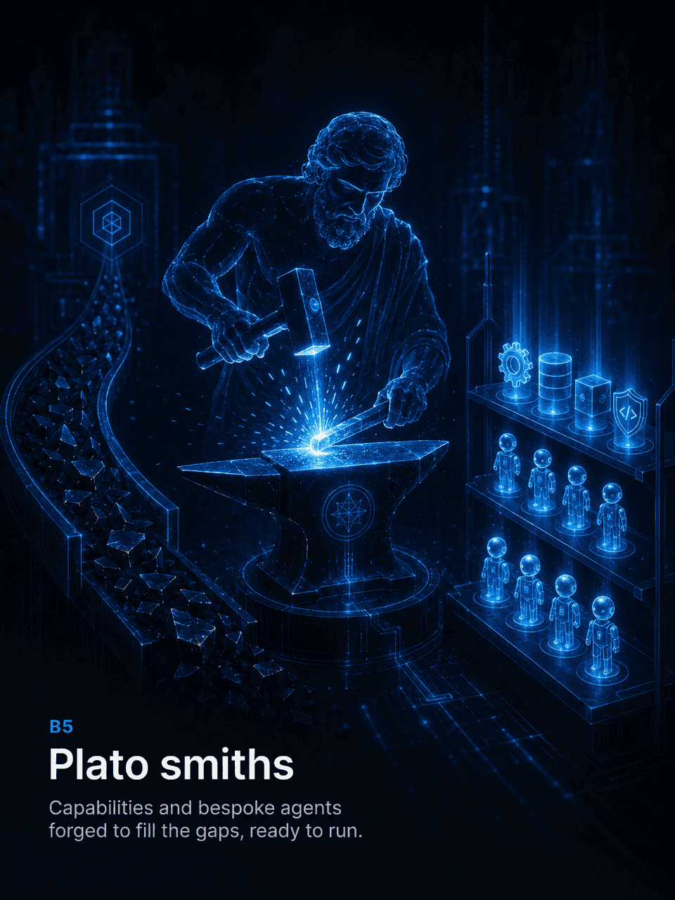 Plate V — Plato at a forge of lattice light, smithing new capabilities for the constellation.