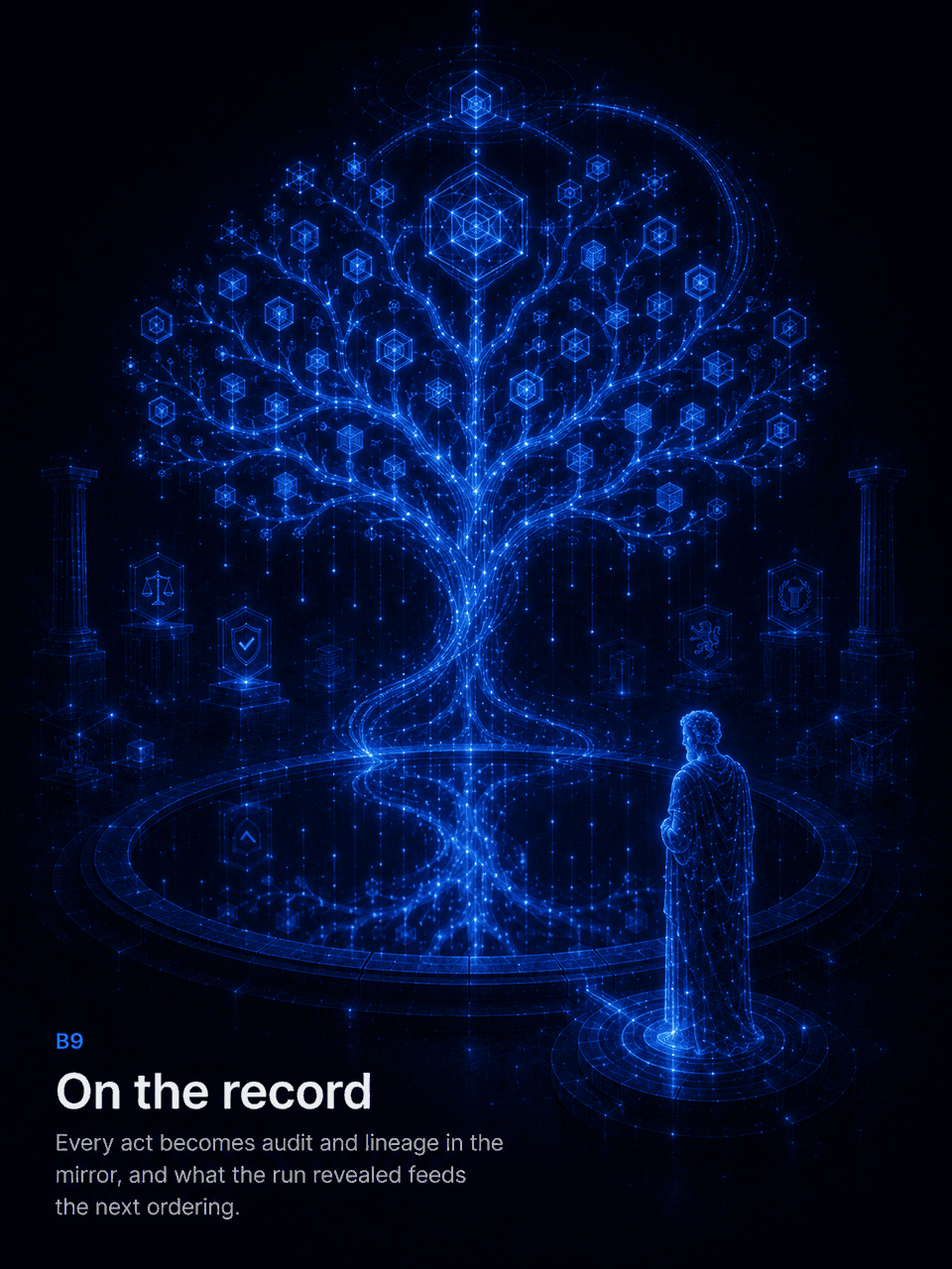 Plate IX of the Timaeus narrative: a luminous tree of records rising in the constellation dark, a robed figure standing before it.