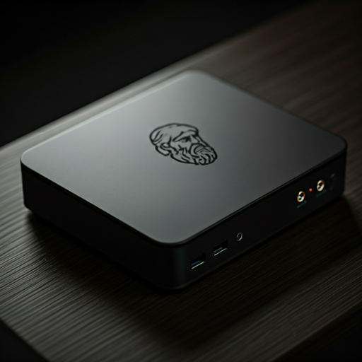 The Sókrates appliance: a matte-black on-premises box with the philosopher mark etched into the lid, on a wooden desk.